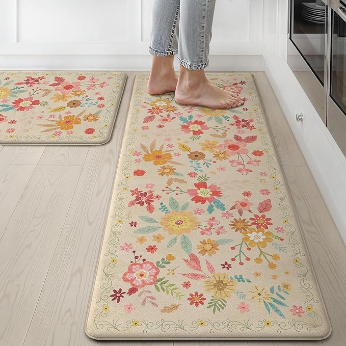 GENIMO Kitchen Mats for Floor 2PCS, Cushioned Kitchen Rugs Non Slip Washable, Farmhouse Anti Fatigue Mat Waterproof, Comfort Standing Mat Rug for Office, Home, Laundry, 17.3"x47"+17.3"x30", Beige
