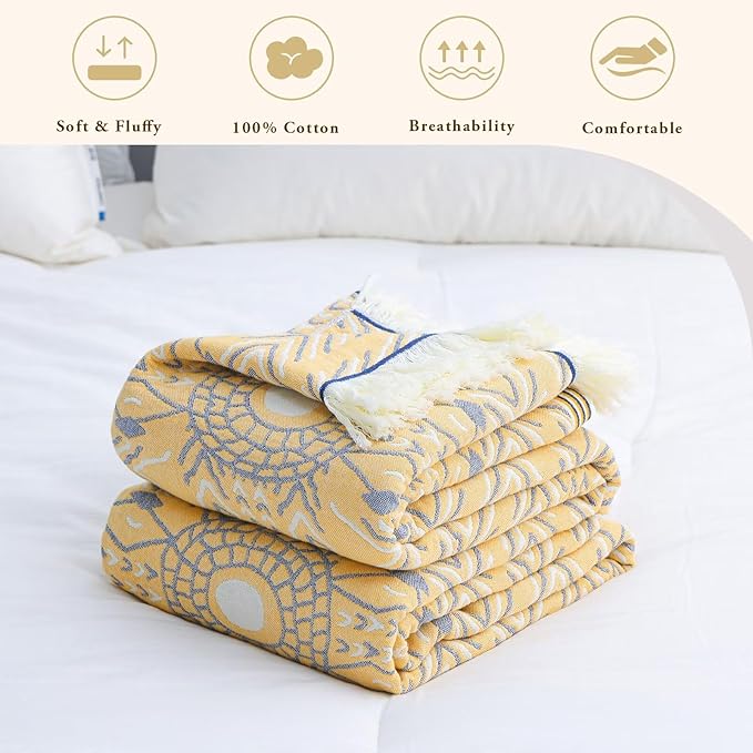100% Cotton Soft Boho Throw Blanket for Bed 60x80,Muslin Breathable Lightweight Gauze Spring Blankets for Couch Sofa All Seasons,Bohemian Decor Floral Quilt Rustic Throw Blanket,Yellow