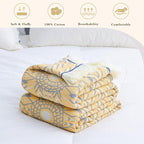 100% Cotton Soft Boho Throw Blanket for Bed 60x80,Muslin Breathable Lightweight Gauze Spring Blankets for Couch Sofa All Seasons,Bohemian Decor Floral Quilt Rustic Throw Blanket,Yellow