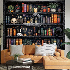 Algasan Magic Bookshelf Tapestry Magical Book Tapestry Gothic Witchy Vintage Library Skull Potion Black Cat Candle Botanical Backdrop for Bedroom Living Room Dorm 90.6 x 70.9 Inches