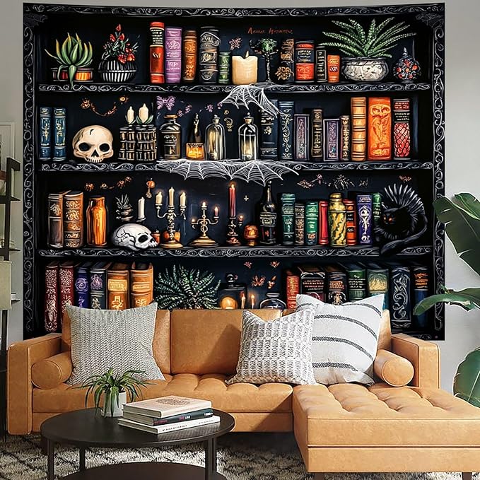Algasan Magic Bookshelf Tapestry Magical Book Tapestry Gothic Witchy Vintage Library Skull Potion Black Cat Candle Botanical Backdrop for Bedroom Living Room Dorm 59.1 x 51.2 Inches