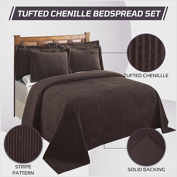 Better Trends Chenille Bedspreads Full/Double Size, Chocolate 100% Cotton Chenille Stripe Design Tufted Bedding Coverlet Soft Lightweight, 96"x110" with 2 Sham, 3 Pieces Set Jullian Collection