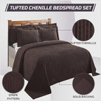 Better Trends Chenille Bedspreads Queen Size, Chocolate 100% Cotton Chenille Stripe Design Tufted Bedding Coverlet Soft Lightweight, 102"x110" with 2 Sham 3 Pieces Set Jullian Collection