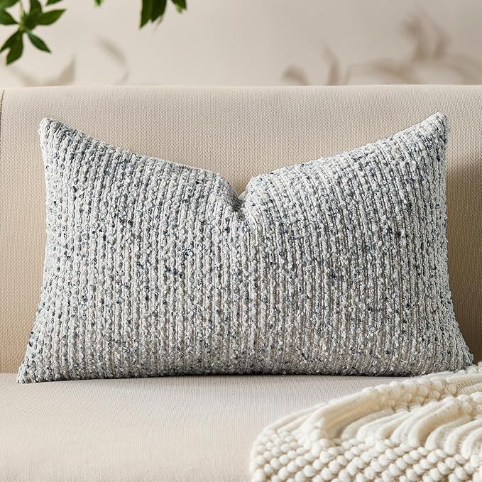 Decorative Lumbar Pillow Cover 12x20 Blue Striped Soft Wool Lumbar Throw Pillow Neutral Textured Boho Cushion Covers for Modern Farmhouse Sofa Bedroom Living Room Decor SY011-C12
