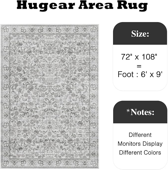 HUGEAR Grey Area Rug 6x9 Machine Washable Living Room Rugs Distressed Neutral Vintage Floral Low Pile Carpet Bedroom Office Dining Room Laundry Room Non Slip Soft Lightweight