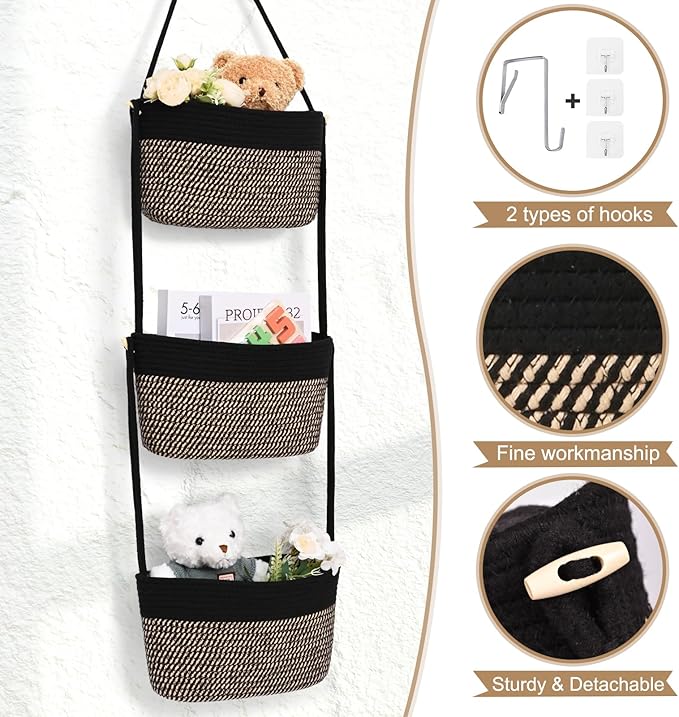 Hanging Basket, 3-Tier Wall Baskets, Over the Door Organizer with 4 Hooks, Hanging Baskets for Organizing, Woven Storage Basket Behind the Door for Nursery, Bedroom, Living Room, Kitchen