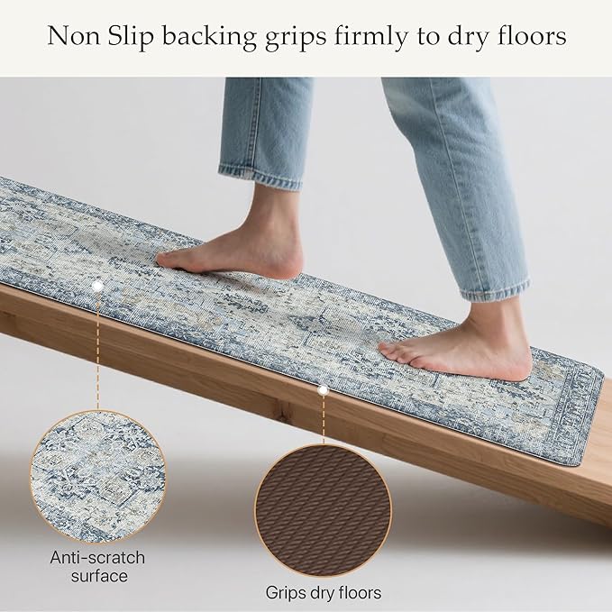 GENIMO Kitchen Mats for Floor 2PCs, Washable Anti Fatigue Mat for Cushioned, 17.3"x59"+17.3"x30", Waterproof Kitchen Rugs, Non Slip Foam Standing Mat Rug for Home, Sink, Office, Laundry, Light Blue