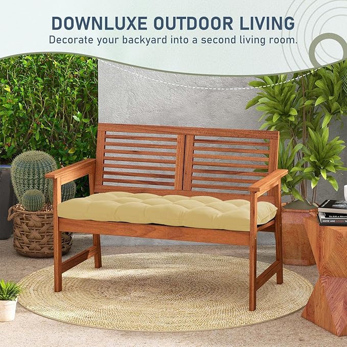 downluxe Outdoor Bench Cushion for Patio Furniture, Water Resistant Tufted Overstuffed Porch Swing Cushions, Thick Outdoor Loveseat Cushions, 44" X 19" X 5", Khaki, Set of 1