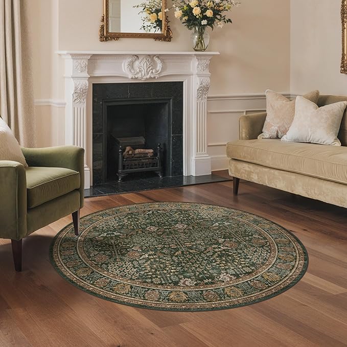 Bavni Round Rug 4ft-Machine Washable Area Rugs Non-Slip for Bedroom, 4x4 Vintage Floral Rug Distressed Throw Carpet for Living Room Nursery Kitchen Bathroom, Dark Green/Multi