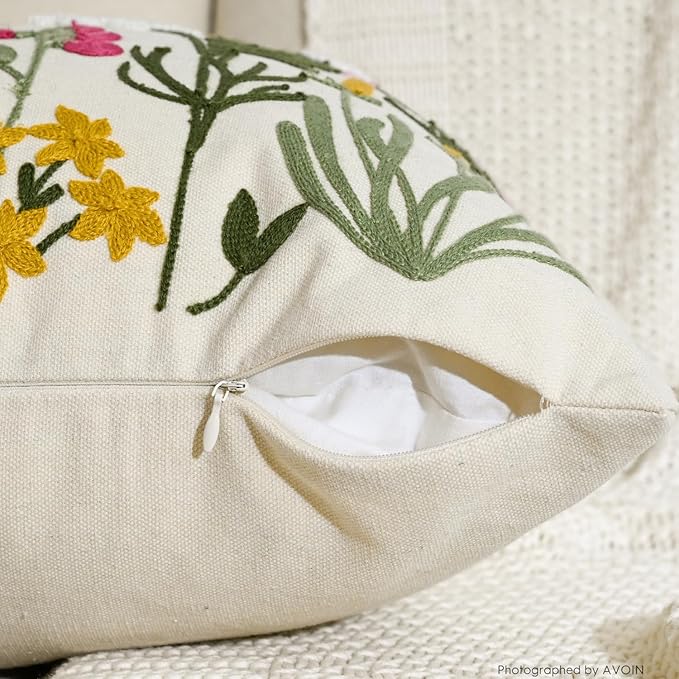 AVOIN colorlife Spring Summer Floral Daisy Embroidered Throw Pillow Covers, 18 x 18 Inch Colorful Flowers Decorative Tufted Patterned Linen Cushion Case for Sofa Couch Set of 2