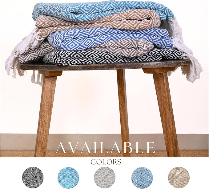 RAJRANG Throw Blanket Cotton with Tassel - 50x60 Inches Soft 100% Cotton Boho Decorative Farmhouse Throw for Bed Sofa Chairs and Couch Caribbean Sea Blue