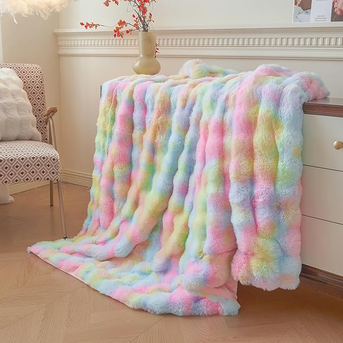 LIFEREVO Fluffy Faux Rabbit Fur Bubble Throw, Rainbow Plush Shaggy Blanket for Couch Sofa Chair, Soft Cute Tie Dye Furry Blanket Adults Kids Girls, Fuzzy Throw for Bedroom Living Room, 50x60, Rainbow