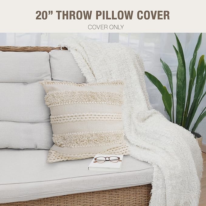 Cream Beige Boho Decor Throw Pillow Cover 20x20 - Textured Woven Handmade Decorative Pillow Case for Living Room Decor, Couch, Bedroom, Office (Pack of 1)