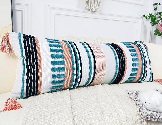 Chenille and Cotton Long Pillow for Bed, Striped Textured Boho Lumbar Throw Pillow Cover 16x36, Neutral Accent Decorative Extra Long Body Pillow Case for Couch, Sofa, Bedroom, Turquoise