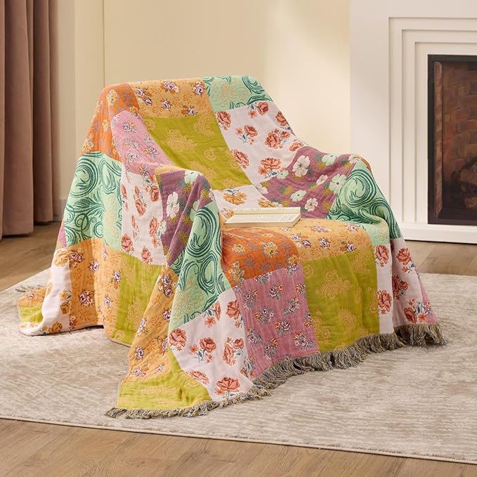 100% Cotton Boho Throw Blanket for Home Decor – Classic Farmhouse Quilt Bedding, Muslin Blankets for Adults, Vintage Woven Decorative Blanket for Couch, Bed Layering Use, Patchwork, 104"x90"