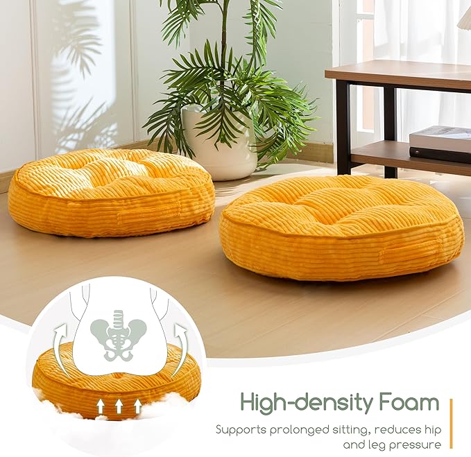 HIGOGOGO Floor Pillow Cushion for Adults, Meditation Cushion Pillow, Large Round Floor Sitting, Tufted Corduroy Cover, for Tatami Living Room or Yoga, 22x22 Inch, 2Pack, Orange