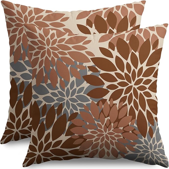 Brown Grey Gray Pillow Covers 20X20 Inch Set of 2, Spring Modern Geometry Dahlia Floral Print Decorative Throw Pillow Covers Outdoor Farmhouse Cushion Case for Couch Sofa Bed Decor