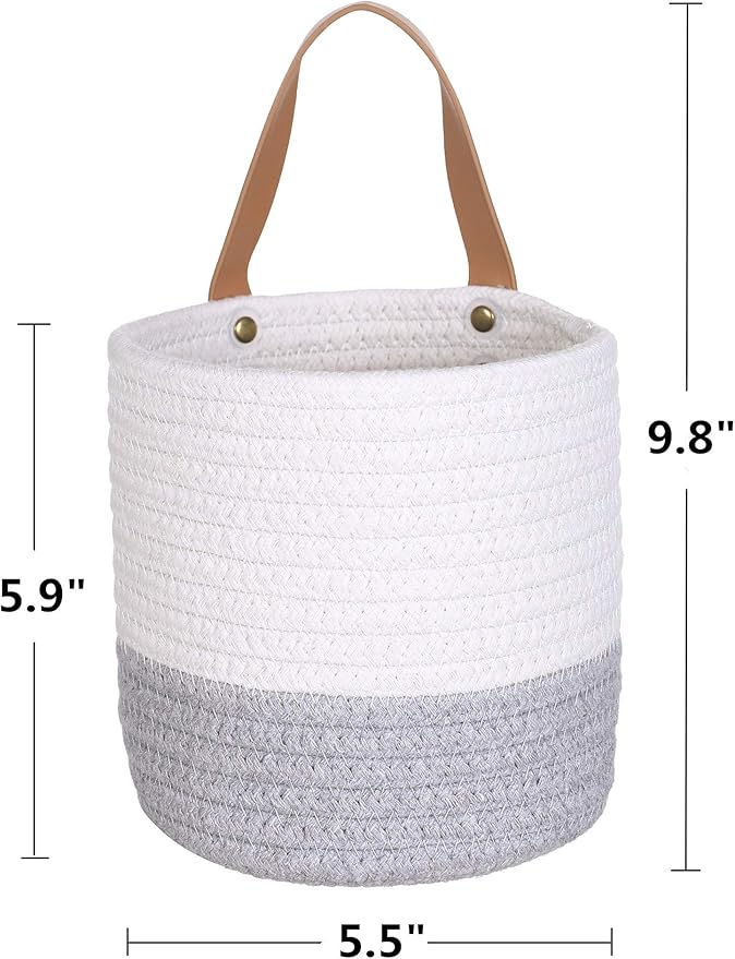 2pack Small Hanging Basket-Cotton Rope Wall Basket with Handle, Hanging Storage Baskets, Shelf Baskets Storage Bin Closet Organizer 6"×6.3", Woven Plant Basket - (White & Grey)