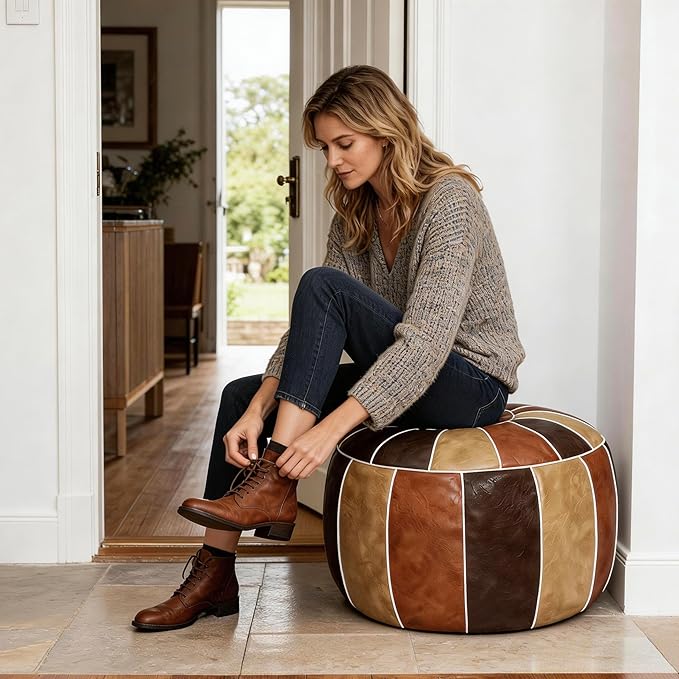 Thgonwid Unstuffed Moroccan Storage Pouf Foot Stool Ottoman Seat Handmade Faux Leather Bean Bag Floor Chair Foot Rest for Living Room, Bedroom or Balcony (Multi Color)