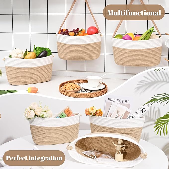 Hanging Basket, 3-Tier Wall Baskets, Over the Door Organizer with 4 Hooks, Hanging Baskets for Organizing, Woven Storage Basket Behind the Door for Nursery, Bedroom, Living Room, Kitchen