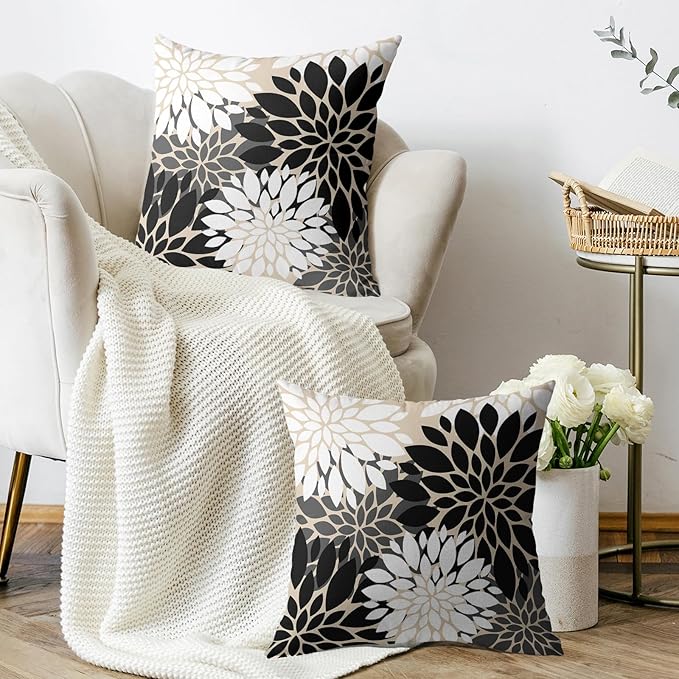 Black White Grey Gray Pillow Covers 16X16 Inch Set of 2, Modern Geometry Dahlia Floral Print Decorative Throw Pillow Covers Outdoor Farmhouse Cushion Case for Home Couch Sofa Bed Decoration