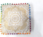 CRAFT KALA 18" Square Large Hippie Mandala Meditation Floor Ottoman Pillow Cushion Pouf Cover Square Poufs Bohemian Circle Floor Cushion Case Outdoor Fireplace Living Decor Cover White Gold Flower
