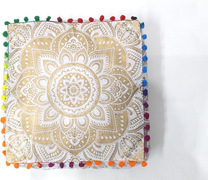 CRAFT KALA 18" Square Large Hippie Mandala Meditation Floor Ottoman Pillow Cushion Pouf Cover Square Poufs Bohemian Circle Floor Cushion Case Outdoor Fireplace Living Decor Cover White Gold Flower