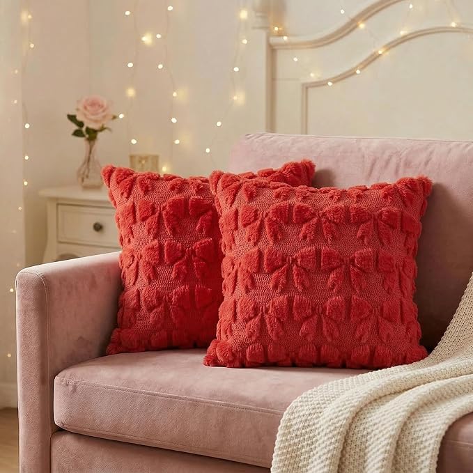 AVOIN colorlife Red Spring Bow Throw Pillow Covers Set of 2, 18 x 18 Inch Coquette Aesthetic Room Decor Soft Plush Faux Fur Cushion Case for Girls Room