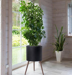 D'vine Dev 16 Inch Modern Geometric Tile Patterned Sleek Planter Pot with Stand, Indoor Outdoor Decorative Plant Holder, Matte Black, 88-Z-E-2