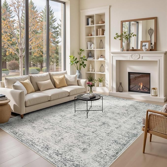 6x9 Area Rugs for Living Room Bedroom, Large Washable Rug, Grey Vintage Abstract Boho Rug, Non Slip & Low Pile Faux Wool Carpet for Indoor Dining Room, Farmhouse and Kids Room(Grey 6x9ft)