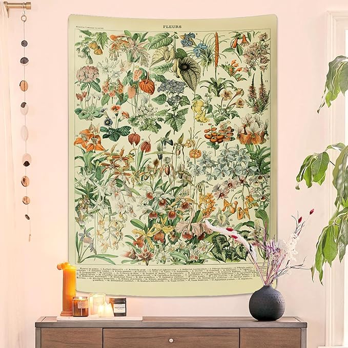 Vintage Flowers Tapestry 48”x36”, Long Vertical Wall Hanging Reference Illustrative Botanical Tapestries for Bedroom Aesthetic Floral Tapistry Botanical Plants Tapestry Wall Hanging Cute Bedroom Decor