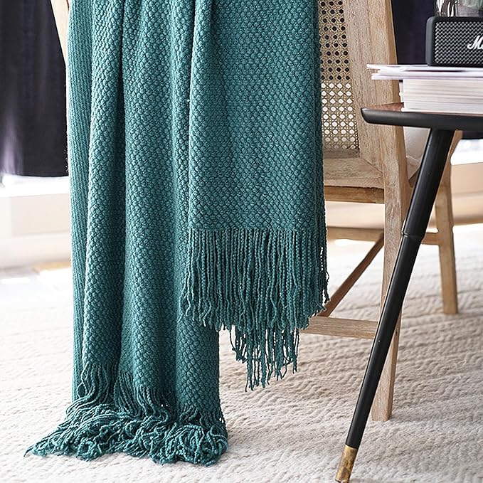 LOMAO Knitted Throw Blanket with Tassels Bubble Textured Lightweight Throws for Couch Cover Home Decor (Teal, 60x90)
