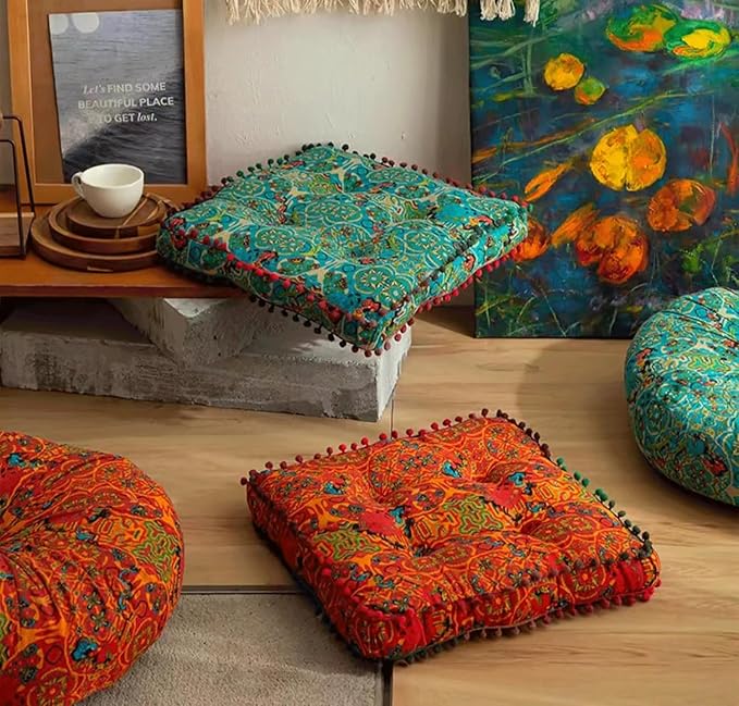 Meditation Floor Pillow, Large Pillows Seating, Bohemian Cushion for Fireplace Yoga Living Room Sitting(Size:42x42x6cm,Color:Moroccan Square mat - Blue)