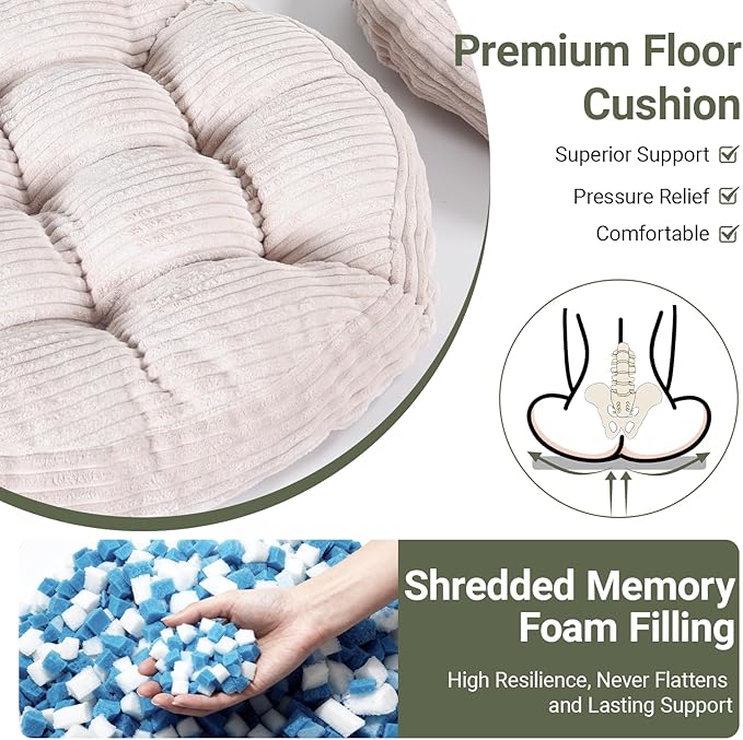 Large Floor Pillow for Adults, 22x22" Memory Foam Floor Cushion with Corduroy Cover, Round Floor Sitting Cushions for Meditation, Lounge,Seating for Yoga, Tatami Living Room (2, Round-Beige)