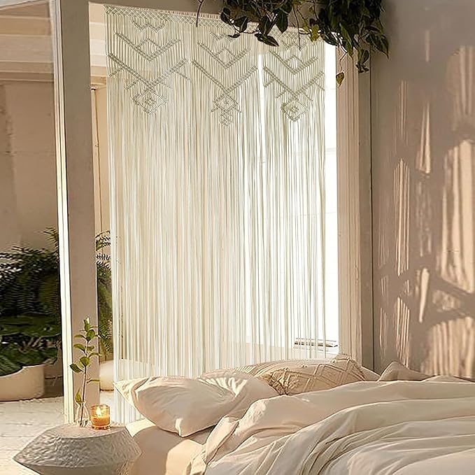 IOWER Macrame Wall Hanging Ivory Handmade Window Curtain Boho Geometric Curtains Woven Panel for Windows Door Curtains Room Divider Soft Light Filtering 35" W x 70" L Décor