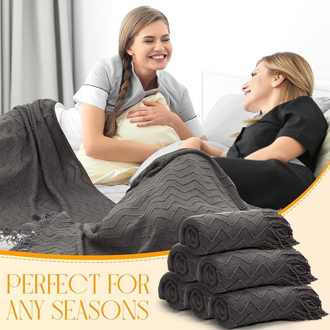 Buryeah 6 Pack Boho Knitted Throw Blankets with Tassels 50x60 Soft Warm Throws Bulk for Wedding Guests Housewarming Employee Teacher Appreciation Gifts Cozy Farmhouse Home Decor (Dark Gray)