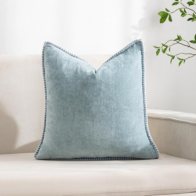 Decorative Throw Pillow Covers Pack of 2, 18x18 In Chenille Soft Pillow Covers with Stitched Edge, Farmhouse Neutral Euro Decorative Pillows for Bed Couch Sofa Home Decor Living Room, Blue