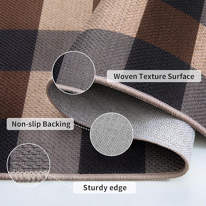 Tangsoo Checkered Easy Jute Rug 5x7 Large Washable Area Rug for Dining Room,Non-Slip Black Brown Indoor Outdoor Rug,Modern Thin Mat Outdoor Carpet for Living Room Bedroom Patio
