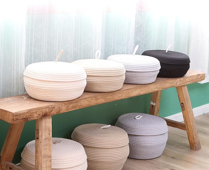 Sea Team Round Cotton Rope Storage Basket with Lid, Decorative Woven Storage Bin, Pot, Caddy, Organizer, Container for Snacks, Towels, Plants, 13 x 5.5 Inches (Large, Shallow, Cream)