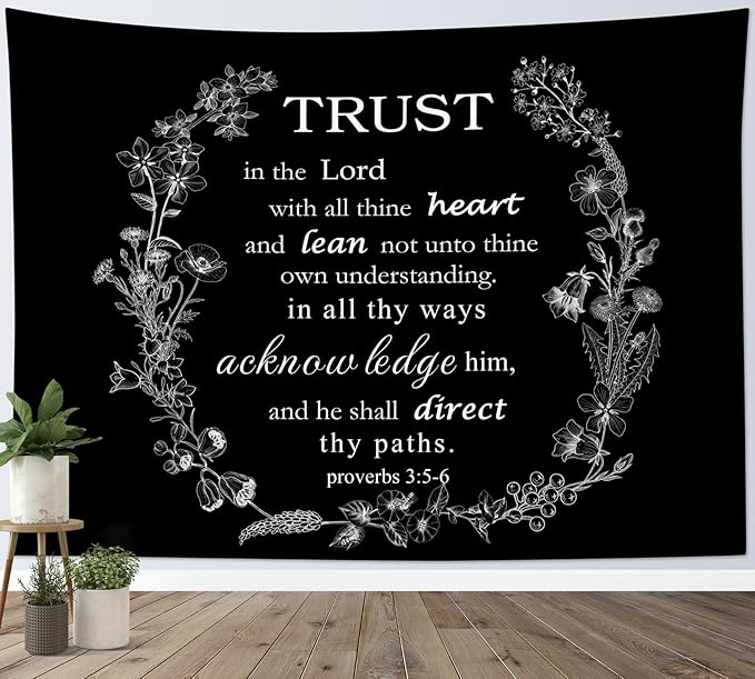 EOBTAIN Bible Tapestry White Christian Scripture Verse and Floral on Black Tapestries for Bedroom Aesthetic Inspirational Quotes Tapestry Wall Hanging Decor for Living Room College Dorm 92"x70"