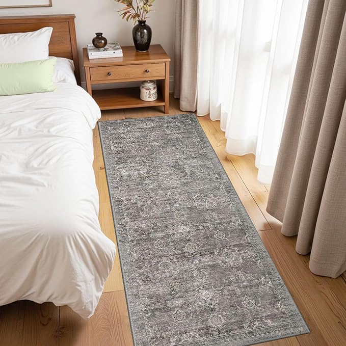 2x5 Runner Rug, Washable Kitchen Rugs, Grey Boho Vintage Floral Hallway Runner, Non Slip Low Pile Area Rug Carpet for Indoor Hallway, Kitchen, Laundry Room and Bathroom(Taupe/Grey 2x5ft)