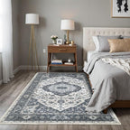 4x6 Vintage Washable Area Rug for Living Room,Low Pile Non Slip Carpet Non-Shedding Small Area Rug Soft Indoor Stain Resistant Rug Floral Print Mat for Bedroom Dining Room Blue Beige