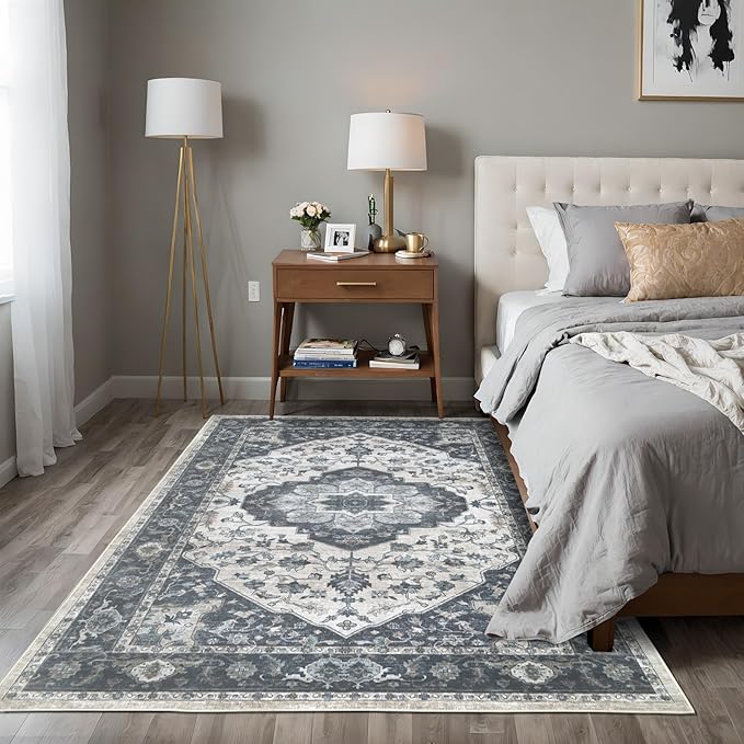 9x12 Vintage Washable Area Rug for Living Room,Low Pile Non Slip Carpet Non-Shedding Large Area Rug Soft Indoor Stain Resistant Rug Floral Print Mat for Bedroom Dining Room Blue Beige