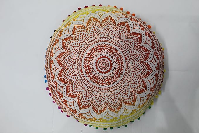 CRAFT KALA 32" Large Round Bohemian Floor Pillow Pouf Cover Mandala Meditation Room Pillow Cover for Adults Boho Seating Poufs Cushion Cover for Kids Playroom Yellow Orange Ombre