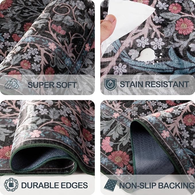 Washable 2' x 6' Runners for Hallways, Non Slip Long Floor Runner for Kitchen, Entryway Indoor, Stain Resistant Rubber Backing Floral Decor Rug (Dark Green)