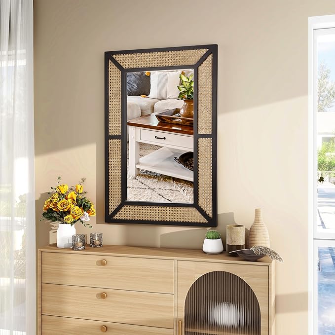 Rattan Mirror for Wall Decor Bohemian Rectangular Large Mirror 35.5" x 23.6", Farmhouse Decorative Wall-Mounted Mirrors, Hanging Mirrors, Woven Wicker, Black Wood Frame