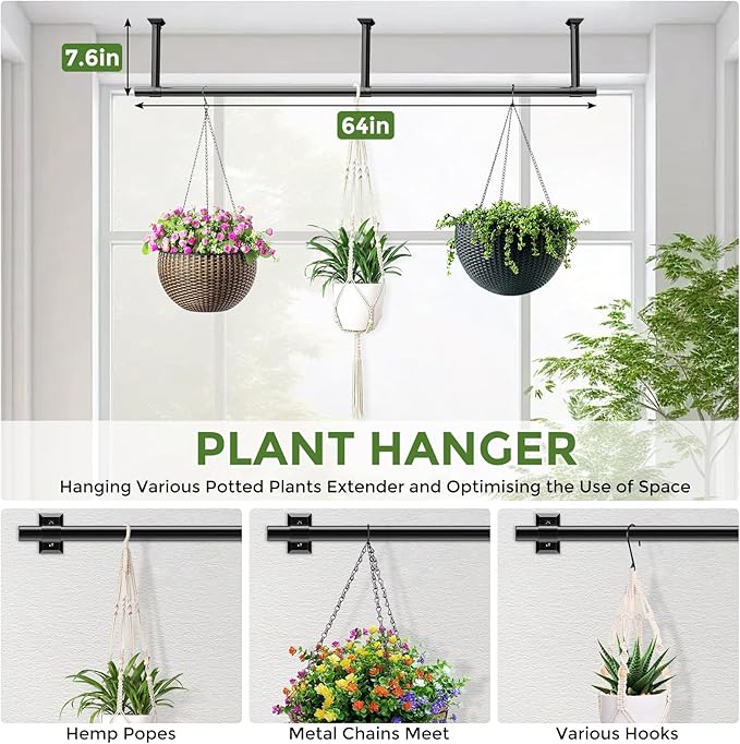 Hanging Planters for Indoor Plants, 64 Inch Heavy Duty Plant Hanger Indoor, 1 Inch Diameter Metal Rod, Hanging Plant Holder for Window Wall, Matte Black, Square Flange Base, Pot Not Included