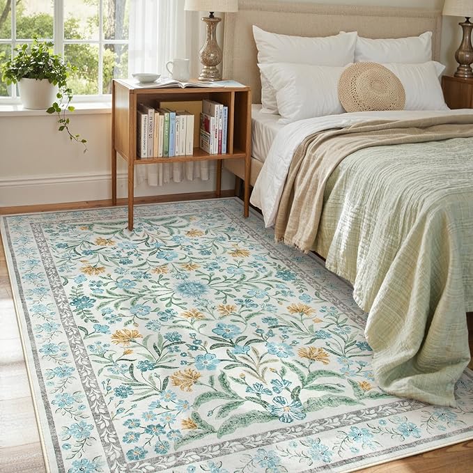 Lahome Sylvie Blue 5x7 Area Rugs for Living Room, Boho Floral Washable Girls Bedroom Rug, Soft Retro Non-Slip Kids Nursery Carpet for Playroom Apartment Decor