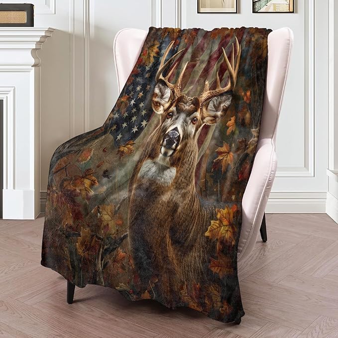 Deer American Flag Flannel Blanket 50x60in,Patriotic Buck in Autumn Forest Design,Cozy Rustic Throw for Hunters,Outdoorsmen,Cabin Decor,Wildlife and Nature Lovers Gifts Blankets