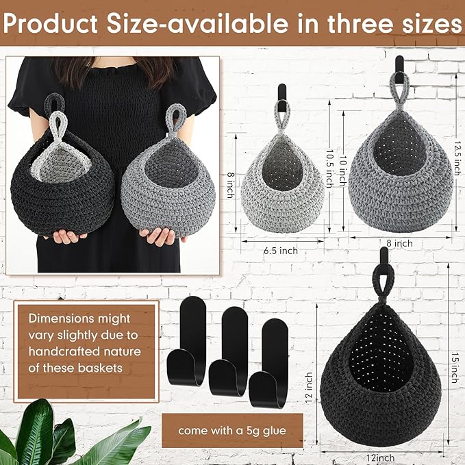 Honeydak Boho Decor Hanging Wall Baskets for Kitchen 3 Pack Teardrop Baskets with Hooks Storage Fruit Onion Vegetable Potato for Home 3 Sizes(Light Grey, White, Dark Grey,Teardrop,Cotton Rope)